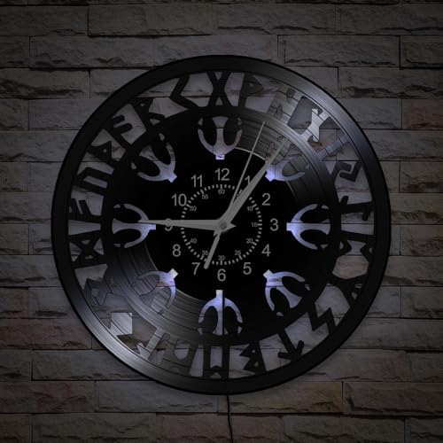 Timeglow A9-GIT-1381L Viking Wall Clock, 7 Kinds Of Led Color 12 Inch Nordic Mythology Vegvisir Runes Symbol Wall Clock thumb #4