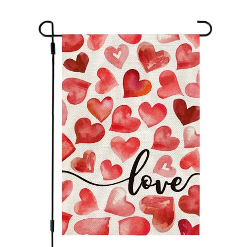 CROWNED BEAUTY Valentines Day Love Hearts Garden Flag 12x18 Inch Double Sided for Outside Small Burlap Red Holiday Yard Decoration