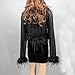 LVCOMEFF Real Ostrich Feather Trim Mesh Crop Top See-Through Black Sheer Shirt Jacket Clubwear Y2k