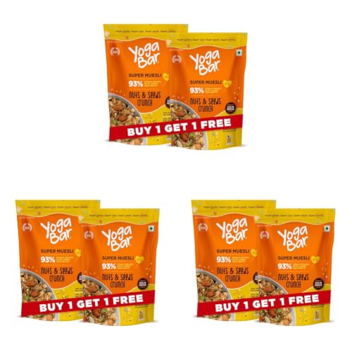 Image of Yogabar Muesli Nuts + Seeds Crunch 700g with Flax and Chia Seeds, Muesli Nuts Delight Whole Grain, High Protein, High Fibre, No Refined Sugar, Contains Antioxidants, 700g Pack of 6