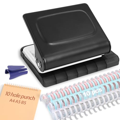 Hoqqf 10 Hole Punch Binding Machine for Planners with 10 Multi-Color Binder Rings,30 Holes on A4,20 Holes on A5,26 Holes on B5,10 Sheet Capacity (Black)