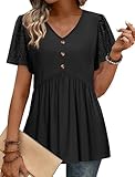 Womens Summer Tops 2026 Babydoll Maternity Clothes Women's Clothing Spring Tshirts Shirts for Women V Neck Button Down Short Sleeve Shirts Eyelet Lace Sleeve Top Black S