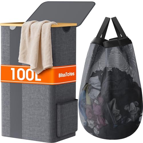 BlissTotes Laundry Basket with Lid, 100L Clothes Laundry Hamper with Handles and Removable Laundry Bag, Breathable Design Hamper with Lid for Bedroom, Bathroom, Dorm, Laundry Room - Light Grey