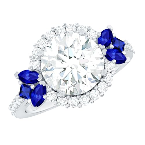 Certified Moissanite Designer Engagement Ring In Silver, D-Vs1 Quality, Moissanite Sapphire Halo Ring - Ideal For Gift