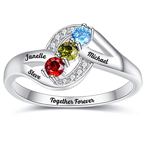 Bonlavie Promise Rings For Women 3 Round Cut Simulated Birthstones Personalized Names Infinity Created Ruby Cluster Drill Promise Sterling Silver Rings Size 11.5 #TOP1