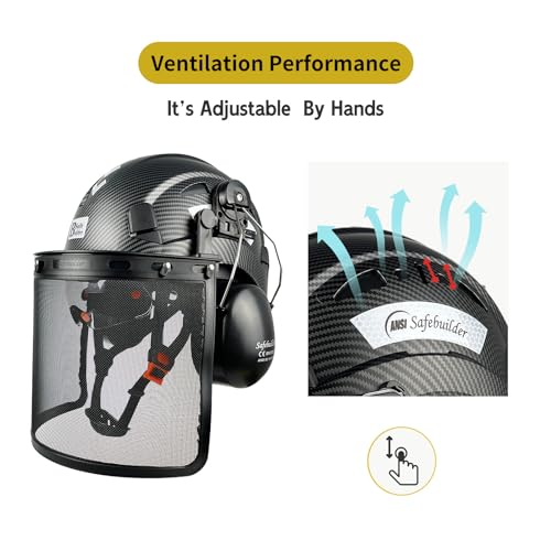 SAFEBUILDER Forestry Safety Helmet with Build in Visor and Mesh Face Shield and Ear Muffs 4 in 1 Forestry Hard Hat Chainsaw Work Helmet ANSI Z89.1 (Matte Black-ICV-BR1-Mesh Shield)