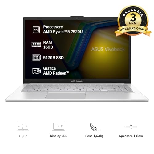 Vivobook Go 15 E1504FA#B0F2HXM5K3, Notebook con Monitor da 15.6" Anti-glare, 60Hz, AMD Ryzen™ 5 7520U, RAM 16GB, 512GB SSD, Windows 11 Home, Argento - Notebook - Immagine 1