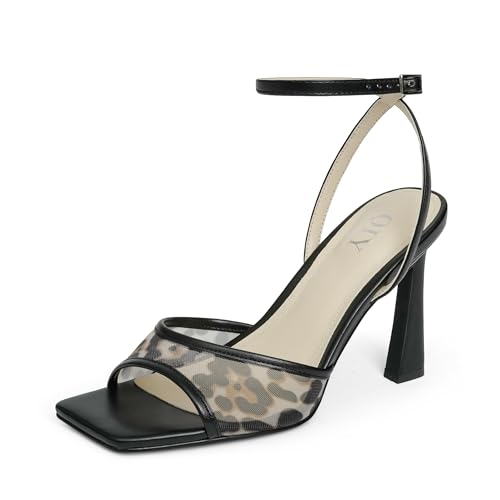 QIY Strappy Heels for Women Heeled Sandals Square Toe Heel Ankle Strap Stiletto Mesh High Heels Dress Shoes