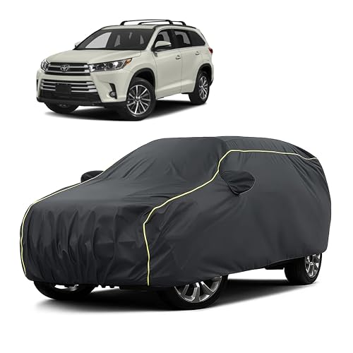 Image of Sulfar 100% Water Resistant Car Body Cover Compatible with Mirror for Toyota Highlander (Triple Stitched, Full Bottom Elastic, Dark Grey Taffeta with Yellow Piping)
