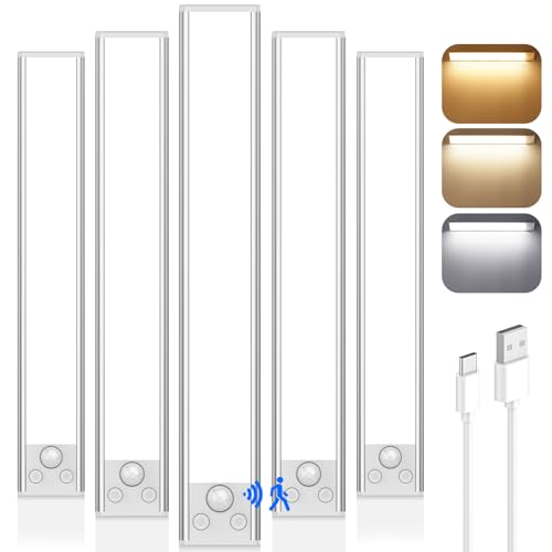 Image of VerRon 14in Under Cabinet Lighting, 3200mAh Rechargeable Battery Powered Closet Lights with 3 Color Tempers 108 LED, Wireless Motion Sensor Light Indoor, Dimmable Lights for Kitchen, Stair, 5-Pack