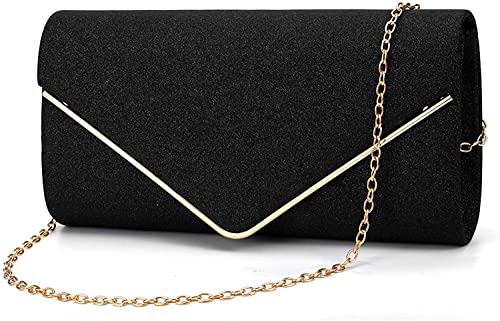 Kamviluer Damen Clutch Tasche Umschlag Abend Handtasche Kette Schultertasche Hochzeit Party Pailletten Clutch Geldbörse, T Schwarz Cover