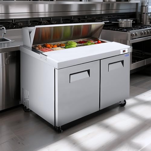 Image of Commercial Refrigerators,48 inch Cold Storage Worktop,Sandwich & Salad Prep Table with Butcher Block and Protection Lid,Defrost System,12 Food Pans Up to 4 inch Deep,for Restaurant,Bar,ETL Certified,Silver
