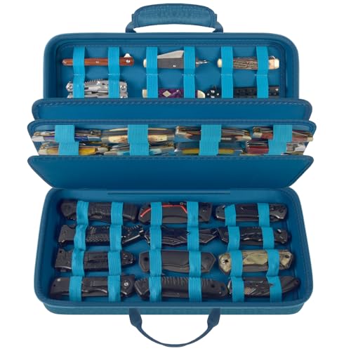 Image of Boobowl Knife Display Case for 64+ Pocket Knives and Folding Models | Knives Organized Slots, Butterfly and EDC Mini Models, Outdoor Survival Tactical Collection Storage, Dard Blue, Bag Only
