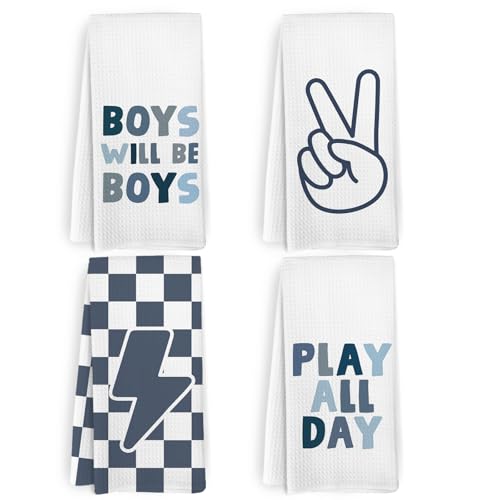KFXHANGD Blue Boys Kids Hand Tea Towel Set of 4 for Bathroom, Blue Checkered Dish Towels, Motivational Affirmation Decorative Dish Tea Towel for Kitchen, Boys Bathroom Decor, 16x24 Inches