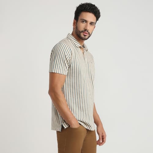 Image of Colorplus Men Regular Fit Stripe Pattern Pure Cotton Half Sleeve Polo Neck Casual T-Shirt