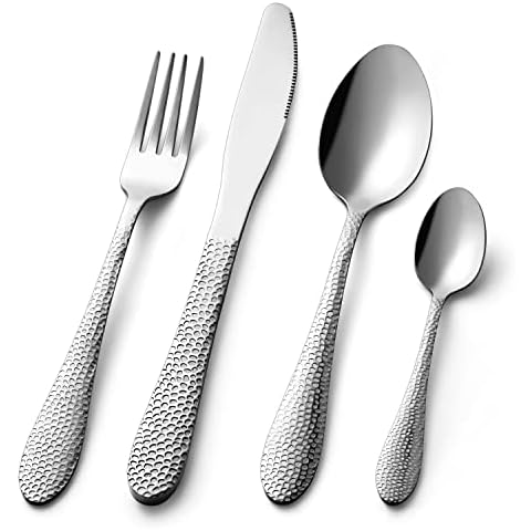Cutlery Set 16 Piece Premium Stainless Steel Flatware Set with Hammered Pattern Design, Tableware Silverware Set with Spoon Knife and Fork Set, Service for 4, Dishwasher Safe/Easy Clean (Silver) Cover
