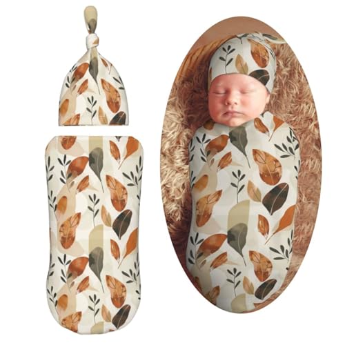 Image of Art Desert Leaf Newborn Swaddle Blankets Hat Sets Soft Baby Receiving Blanket Swaddle Sack for Baby Shower Infant Boy Girl Gift