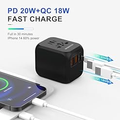 Worldwide Universal Travel Adapter with PD20W 2 USB 1 USB C and 1 AC Plug International Plug Adapter for Germany USA England