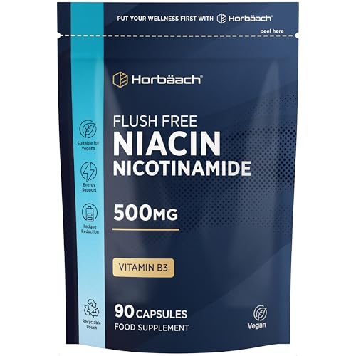 Vitamin B3 Niacin 500mg | 90 Vegan Capsules (3 Months Supply) | Flush Free Nicotinamide Supplement (Niacinamide) | Resealable & Recyclable Pouch | by Horbaach
