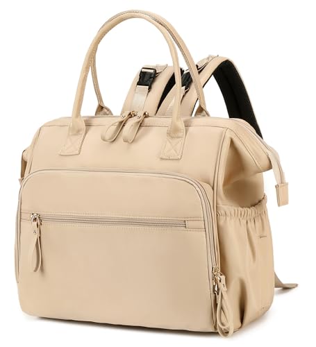 LORADI Bolsa de pañales convertible, amplia parte superior abierta, 14 bolsillos, con hebilla para cochecito, resistente al agua, Beige, L, Bolsa para pañales