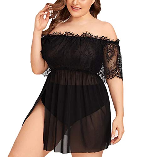 iQKA Women Plus Size Lingerie Lace Sheer Mesh Chemise Off-Shoulder Nightdress Babydoll Set with Thong XL-4XL Black