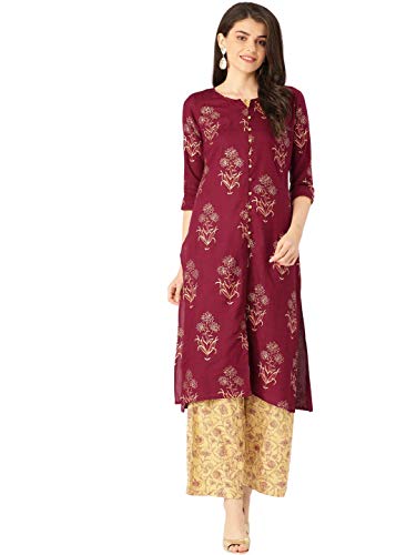 Image of Rapsodia Women's Viscose Straight Kurta With Palazzo Set (R69259-Maroon-RP Gold)