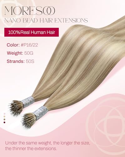 Image of Moresoo Nano Bead Hair Extensions Human Hair, Beige Blonde Blend, 24 Inch | 50g 50 Strands, Dirty Blonde, Discreet Nano Bead Attachment, Extra Length, Natural Movement and Fuller Looking Hair