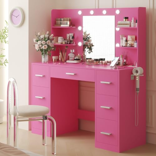 Image of YESHOMY Vanity Desk with Mirror, Power Outlet and 10 Lights, Makeup Table with 7 Drawers, 3 Color Modes Available for Bedroom, Dark Pink