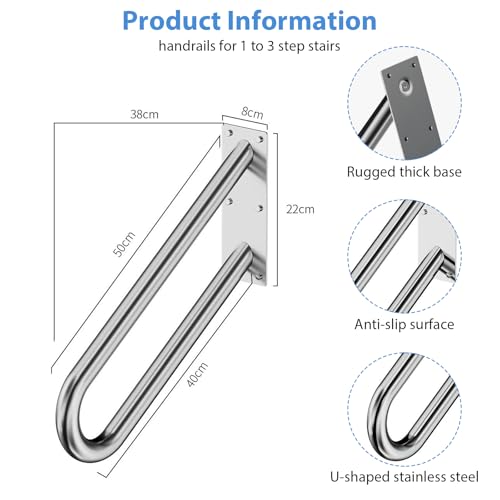 U-Shaped Handrail - Non-Slip Stair Rail for Garage Garden and Porch Steps, Wall Mounted, Thickened Base, Silver - Image 2