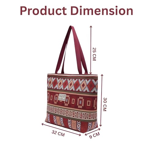 Image of Women Bohemian Canvas Tote Bag - Burgundy Ethnic Geometric Print Large Capacity Shoulder Handbag, Stylish Shopping Tote for Office, College, Travel & Daily Use