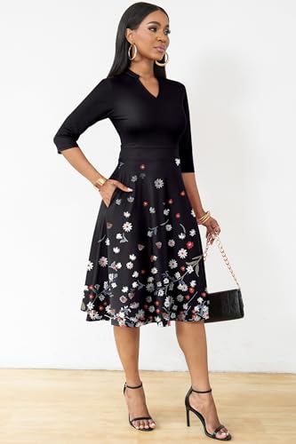 Image of Nmoder Casual Dresses for Women Semi Formal Fit and Flare 3 /4 Sleeve A-line Church Work Dress with Pockets