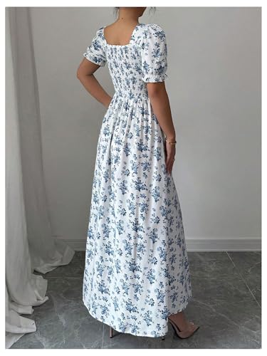 Verdusa Women's Boho Floral Flowy Maxi Dress Ruched Bow Puff Sleeve Flared Summer Wedding Guest Dresses2