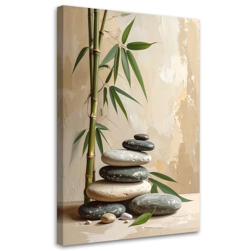 Feeby - Tableaux - Deco Tableau Murale - Pierres zen spa feuilles de bambou beiges - 40x60 1partie - Pour la Chambre et le Salon - Pour Chaque Pièce de Votre...
