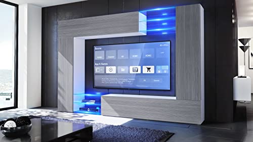 Vladon Wohnwand Mirage, Made in Germany, Anbauwand mit Rückwand mit 2 Türen, 2 Klappen und 6 offenen Glasablagen, Weiß matt/Avola-Anthrazit, inkl. LED-Beleuchtung (262 x 183 x 39 cm) – Bild 3