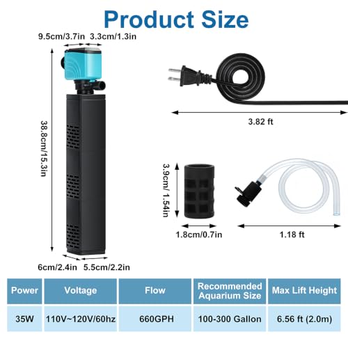Image of DaToo Aquarium Filter 100-300Gallon Fish Tank Filter 660GPH Powerful Pump For Aquariums Adjustable Air Flow Submersible Internal Aquarium Filters For Pond Wavemaker Air Supply Freshwater And Saltwater