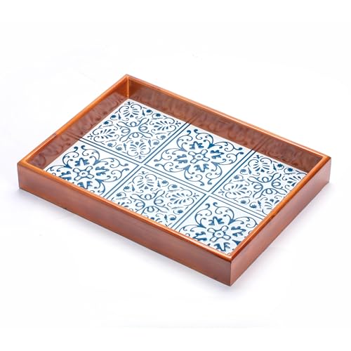 Rustic Wooden Frame Tray with Iron Printed Blue White Pattern, Mediterranean Style Decorative Serving Tray, Velvet Lined Base, Multi-Layer Construction for Home Decor and Organizing 15.6"x11.6"x2.2"