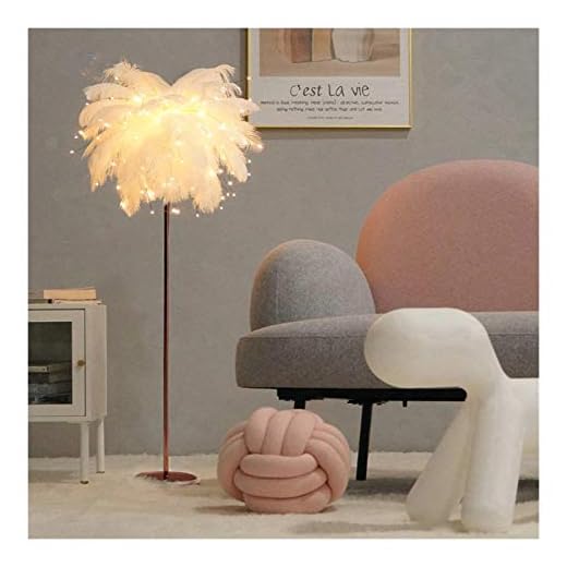 JSJJRFV golvlampa fjärrkontroll sovrum sängbord golvlampa roséguld trädform gör-det-själv vit fjäder golvlampa vardagsrum arbetsrum dekorationer sovrum (lampskärm färg: Små fjädrar)