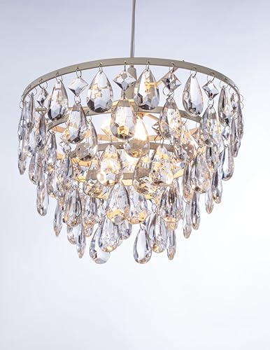 Image of gypsy color The Original Brink House Plug-in 1 Light Crystal White Dome Chandelier H10 inchxW11.5 inch, White Metal Frame with 5 Tiers of Clear Acrylic Crystals