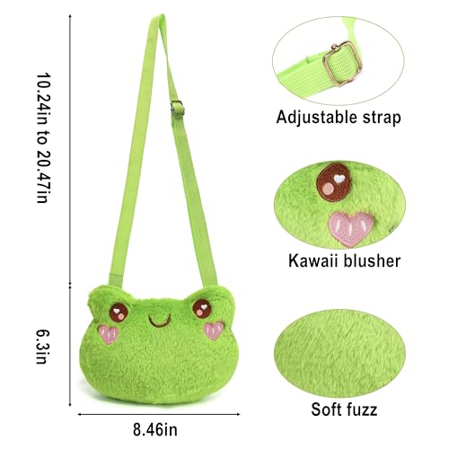 Image of Cute Frog Crossbody Bag for Women - Kawaii Fluffy Purse Small Novelty Purse Stuffed Animal Bag with Adjustable Strap (Green) | Soft Cotton Blend