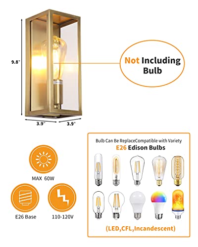 Boca Do Lobo Outdoor Wall Lights, Exterior Waterproof Wall Sconce Light Fixture, Brushed Brass Frame With Clear Glass Shade For Porch, Entryway, Front Door, E26 Base(Bulb Not Included) #TOP2