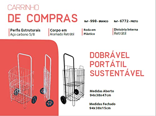 Carrinho de Feira e Compras Dobravel Resistente Branco Metaltec