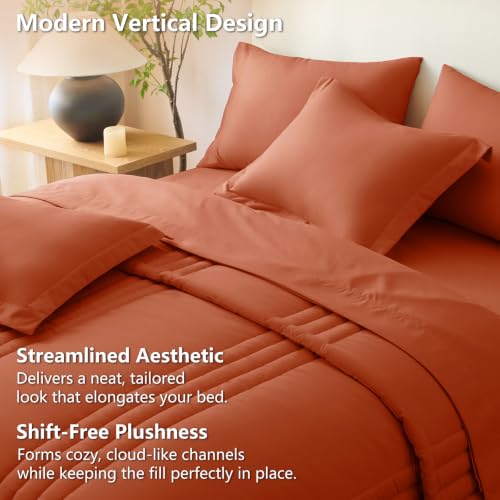 Image of CozyLux Full Size Comforter Sets Terracotta - 7 Pieces Bed in a Bag, Modern Vertical Quilted Room Decor, Soft All-Season Bedding Gift with Comforter, Sheets, Pillowcases & Shams