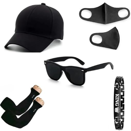 Baseball Cotton Blend Casual Caps|Black Sunglasses|Black Mask|King Bracelet |Arm Sleeves Full Hand Golves Sun Protection for Men's and Women's Combo Pack of 5-image-24