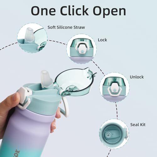 Image of BJPKPK 14 oz Insulated Water Bottle, Straw, Handle, Stainless Steel Flask | Leak Proof Locking Lid, Double Wall Vacuum, Keeps Hot /Cold, BPA Free, Dishwasher Safe, Travel & Sports, Lavender Green
