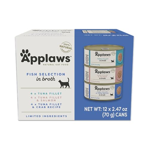 Applaws Natural Wet Cat Food in Broth, Limited Ingredient Canned Wet Cat Food, Cat Food Variety Pack, Made with Natural Ingredients, Fish Selection Variety Pack in Broth (12 x 2.47oz Cans)