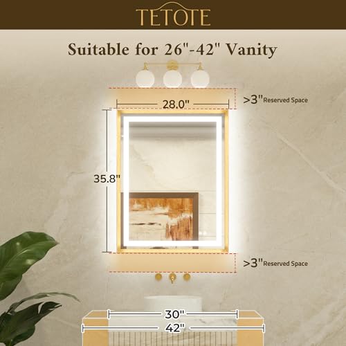 TETOTE 28 x 36 Bathroom LED Mirror Brushed Bright Nickel Metal Frame Frontlit & Backlit Vanity Mirror Anti-Fog Stepless Dimmable 3 Colors White/Warm/Natural Mirror with Lights Wall-Mounted