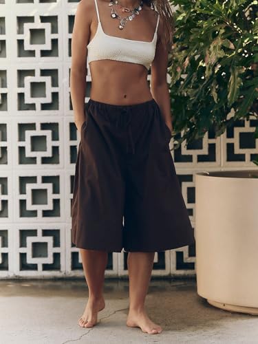 Women's Culottes Cropped Wide Leg Pants Summer Elastic Waist Drawstring Beach Palazzo Trousers with Pockets2