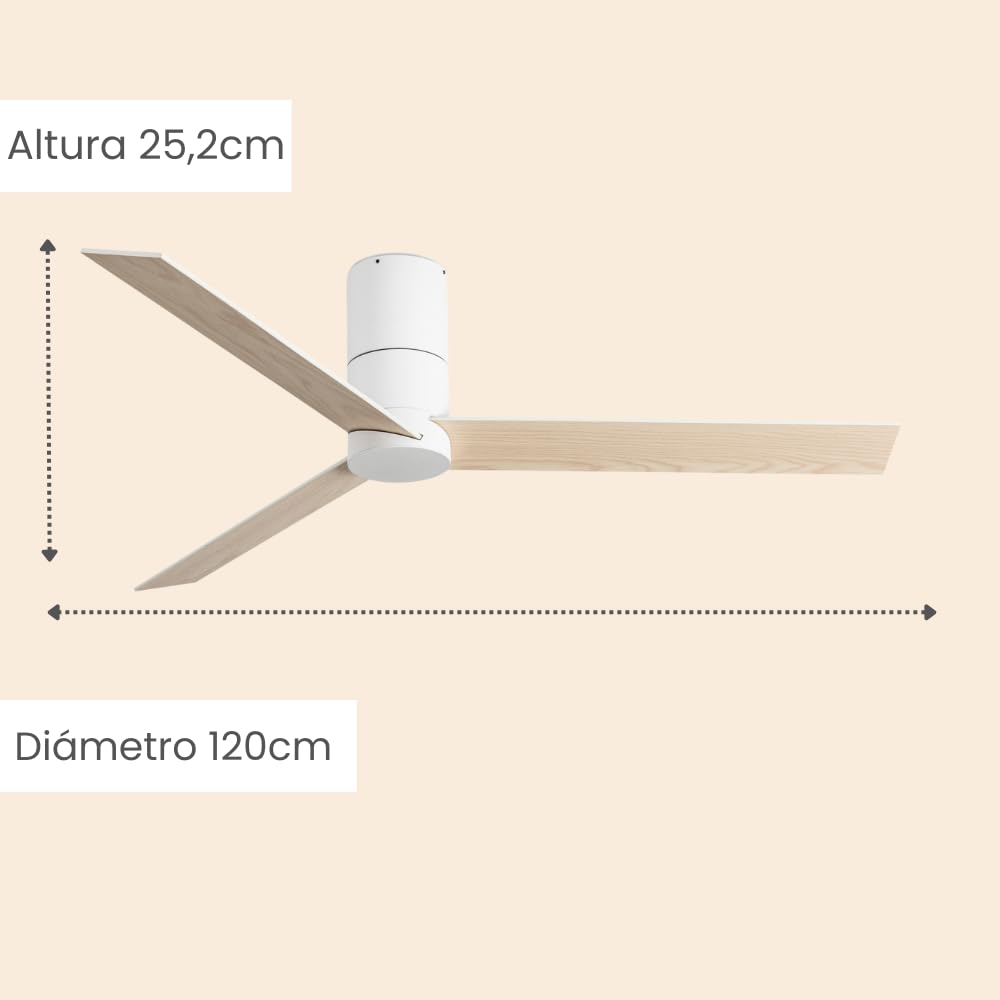 / HYBRID/Ventilador de techo blanco con wifi y palas reversibles blanco-arce Ø120 cm/Ultra Silencioso, bajo consumo, 6 Velocidades, Mando, Verano-Invierno, temporizador, TUYA, modo brisa