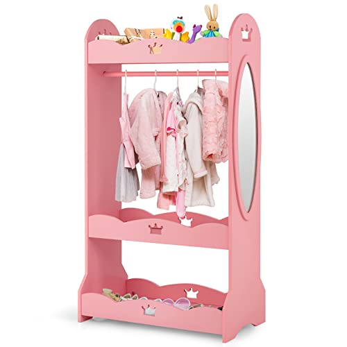 DREAMADE Armoire Ouverte d’Enfants avec 3 Etagères et Cintre de Vêtement,Garde-Robe Enfant avec Miroir,Organisateur de Jouets & Placard de Rangement de 3 à7 Ans (Rose)