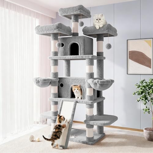 Image of Allewie 82 Inches Large Cat Tree /House /XXL Tall Cat Towers for Big Feline /Scratching Post /Multi-Level Large Kitty Climbing Tree with Condo /Light Grey